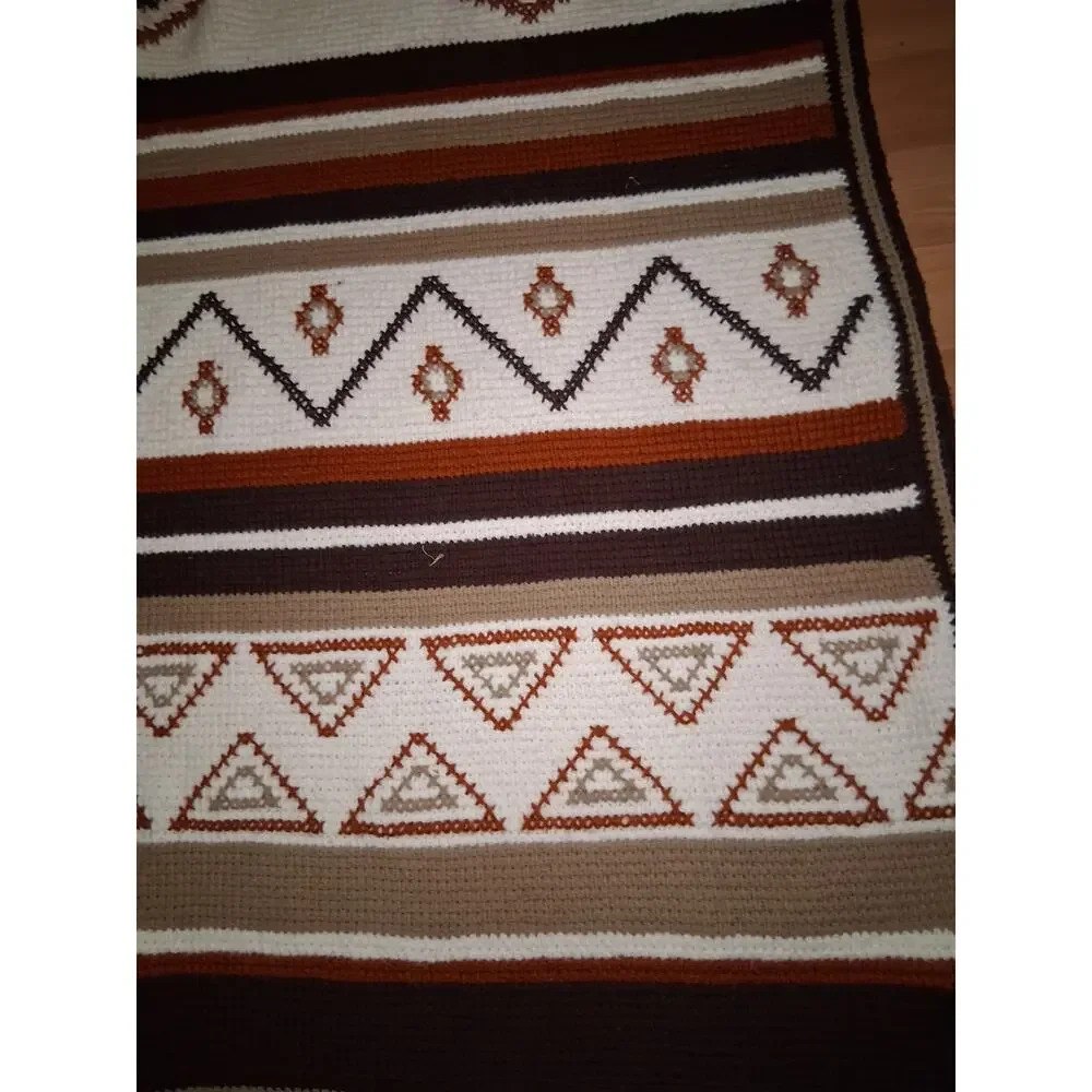 Vintage Crocheted Blanket Aztec Southwestern Grannycore 82x58